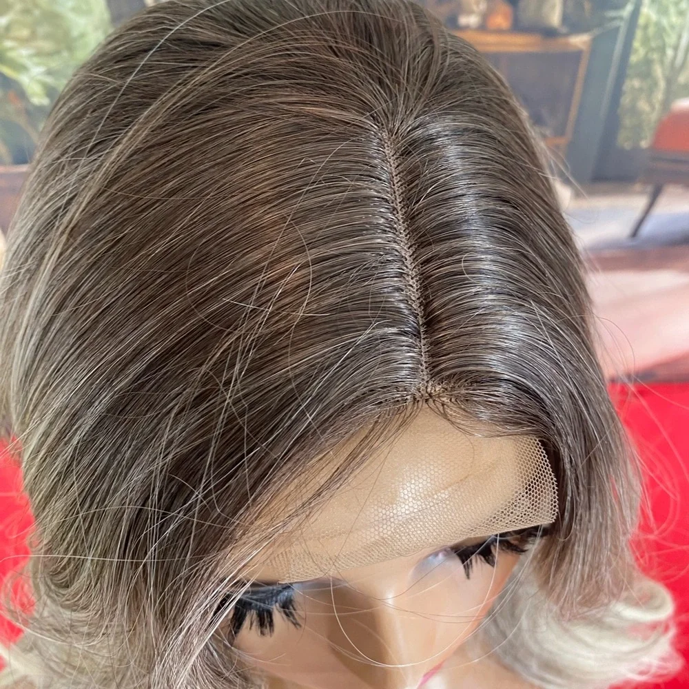 center lace grey white mixed layered wig